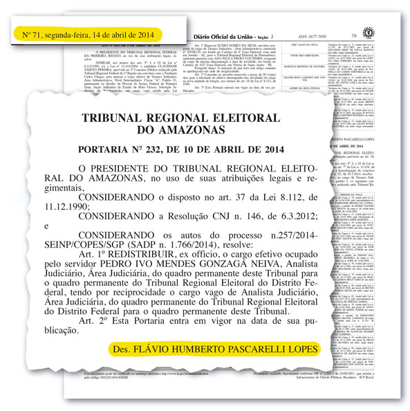 Facsímile do Diário Oficial da União, referente efetivação para cargo permanente do Tribunal Regional Eleitoral do Amazonas, pelo Desembargador Flávio Humberto Pascarelli Lopes