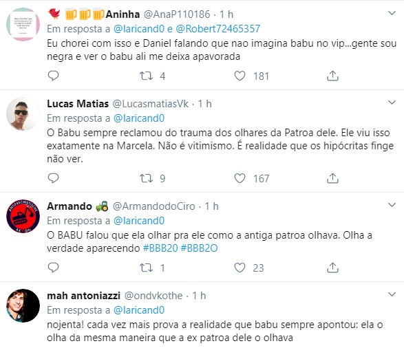  tweets sobre comentário de marcela sobre babu no bbb20