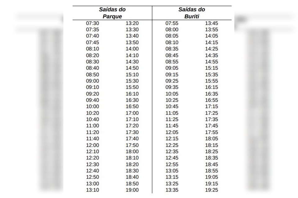 Tabela com cronograma de horários de saídas dos coletivos que farão transporte dos servidores do Buriti