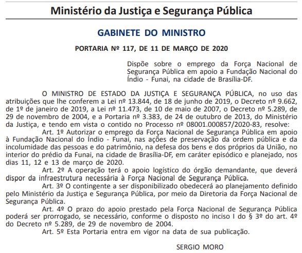 Portaria determina que a Força Nacional ocupe a sede da Funai