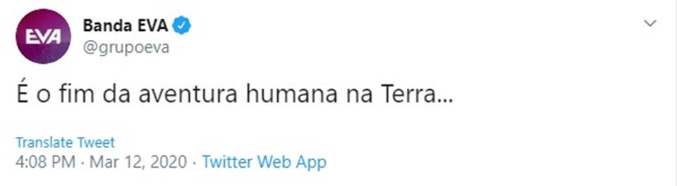 Twitter da Banda Eva sobre coronavírus