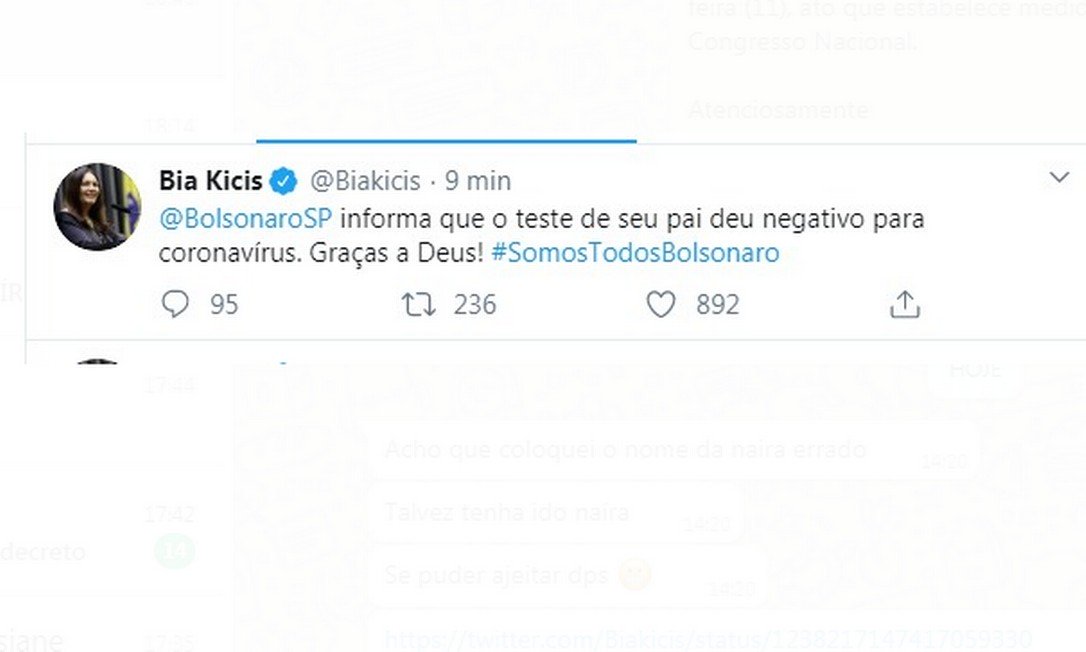 Postagem da deputada Bia Kicis