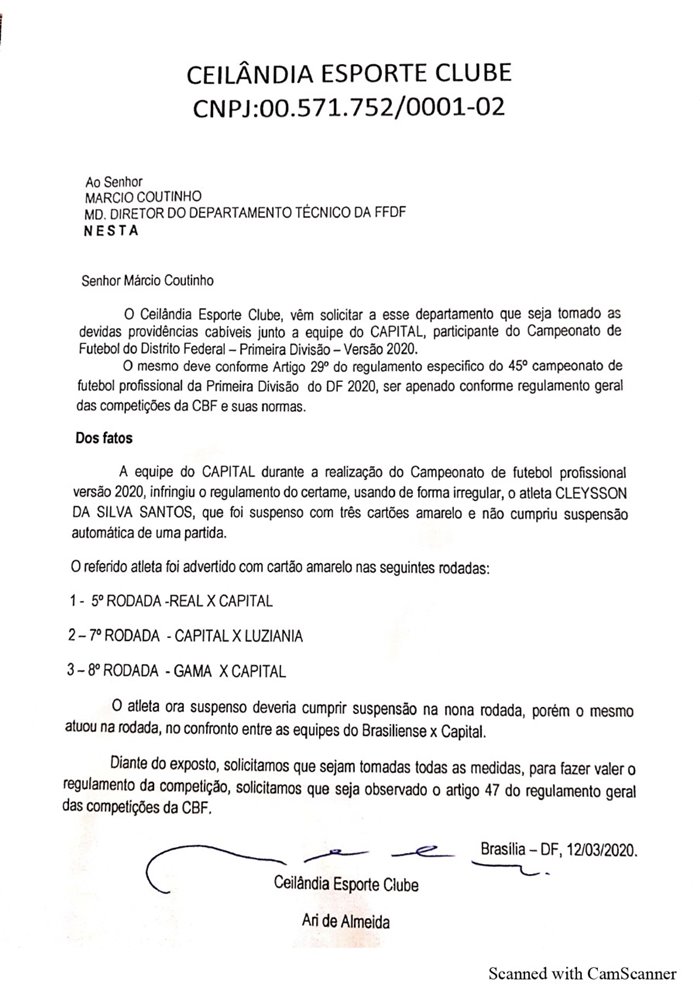 Documento protocolado pelo Ceilândia