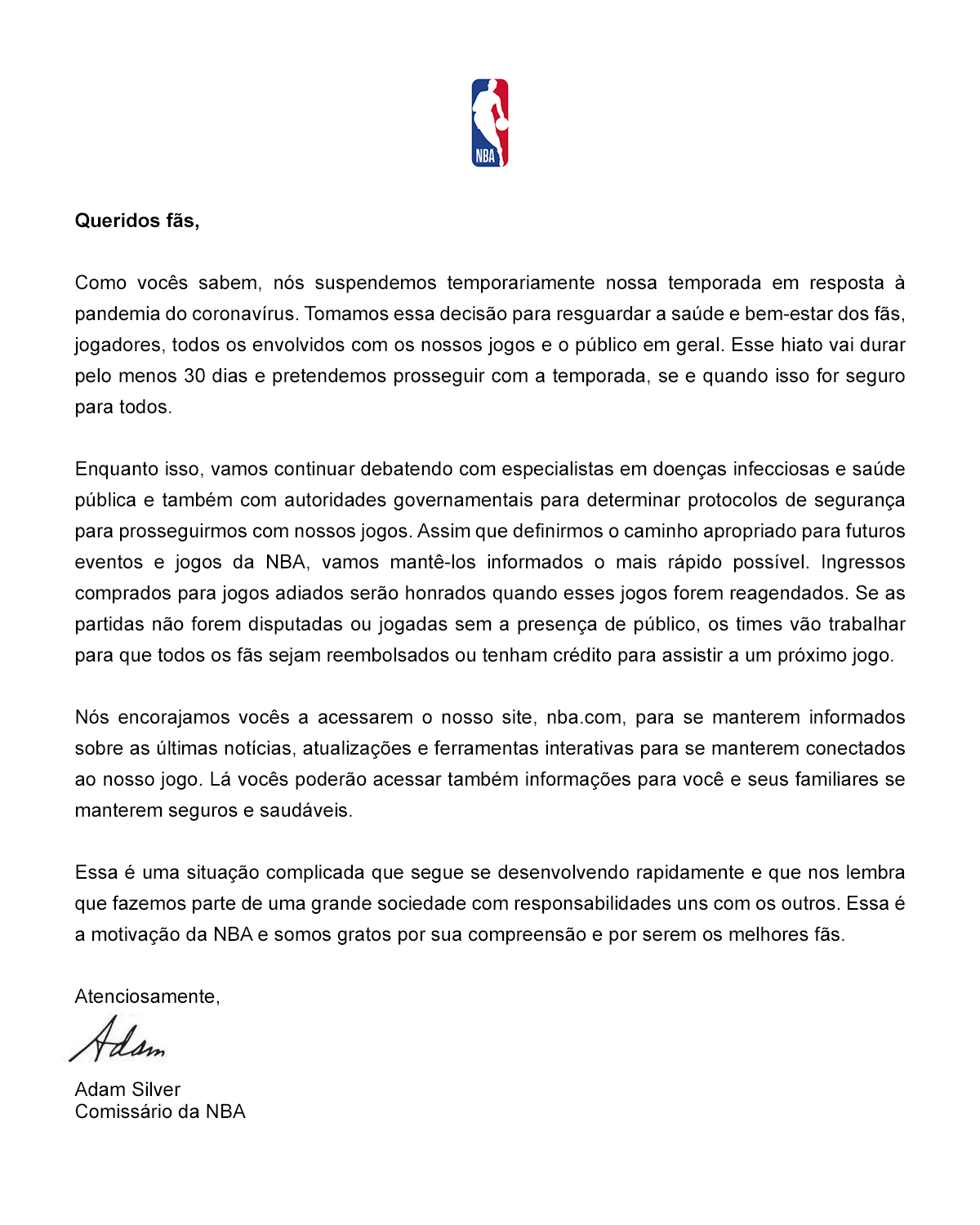 Carta da NBA sobre coronavírus