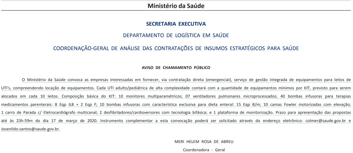 Chamamento público do Ministério da Saúde para compra de equipamentos para UTI.