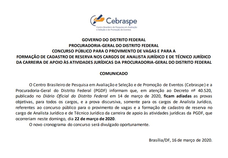 Comunicado Cebraspe concurso PGDF