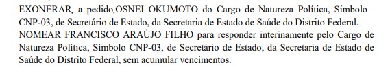 Edição do Diário Oficial do DF traz exoneração de Osnei Okumot