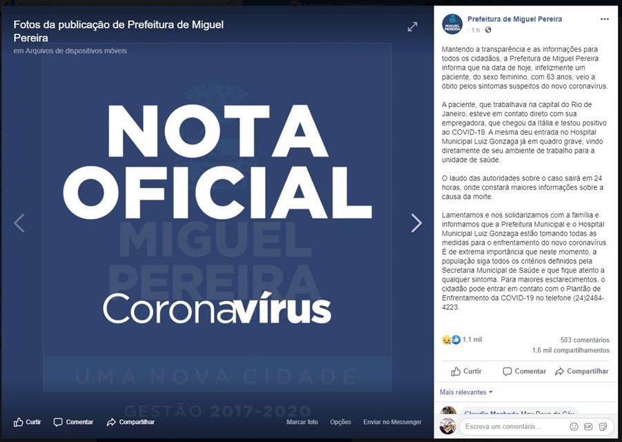 Prefeitura de Miguel Pereira faz anúncio no Facebook