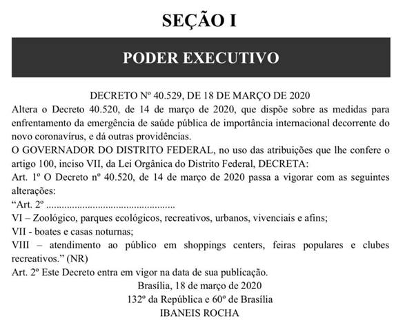 Decreto de Ibaneis Rocha que suspende atividades em parques, shoppings, boates e feiras