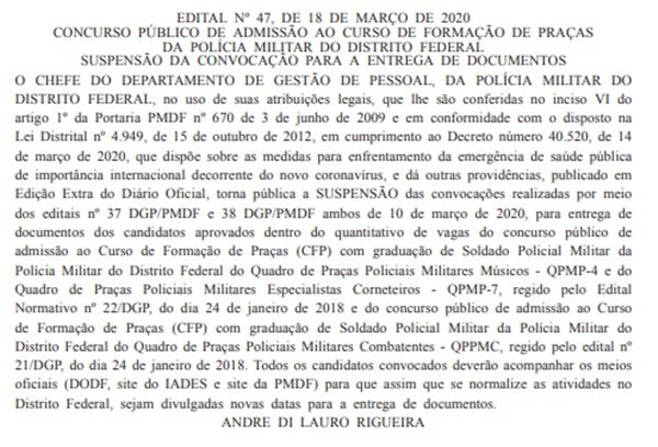 Diário Oficial do DF: Suspensão de chamamento para concurso da PMDF