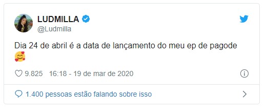 Twitter de Ludmilla anunciando EP de Pagode