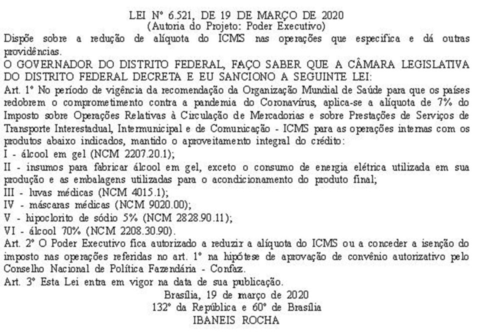 Publicação no DODF da Lei que reduz o ICMS de álcool, luvas e máscaras