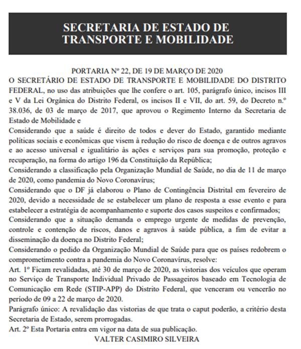 Diário Oficial do DF com publicação sobre revalidação de vistoria do transporte de aplicativo na cidade