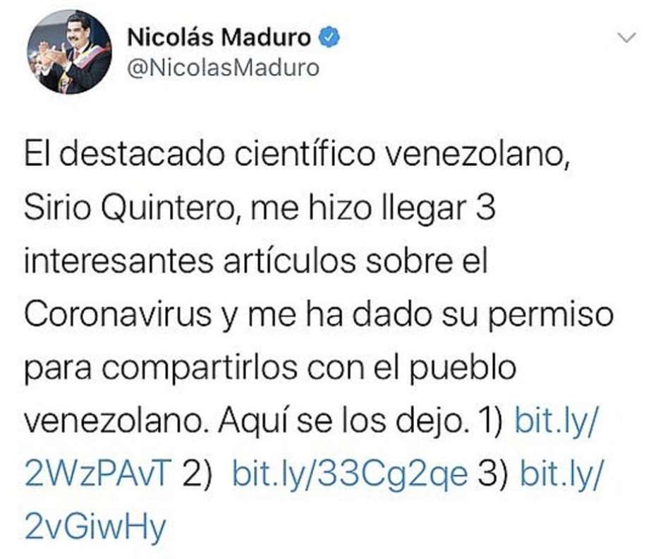 Twitter de Nicolás Maduro, que compartilha suposta cura da Covid-19