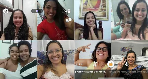 Amigas conversam no isolamento por vídeo usando app HpuseParty