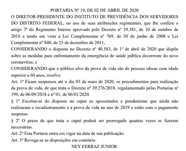 Portaria que suspende a prova de vida no Iprev-DF por causa do coronavírus