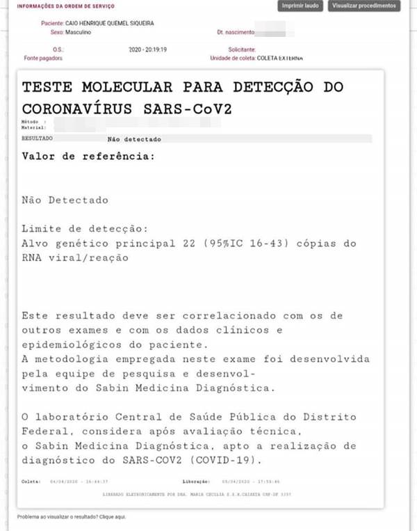 Exame negativo do coronavírus do professor de educação física Caio Quemel