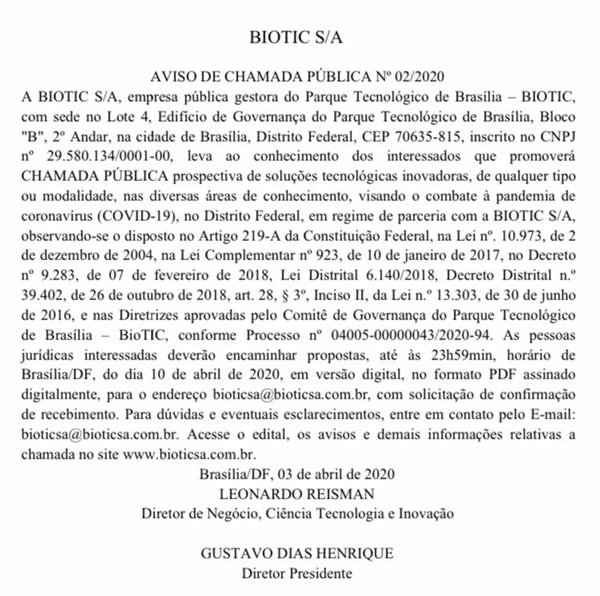 Biotic publicou, nesta segunda-feira (06/04), chamada para selecionar propostas de soluções para combate ao coronavírus no DF