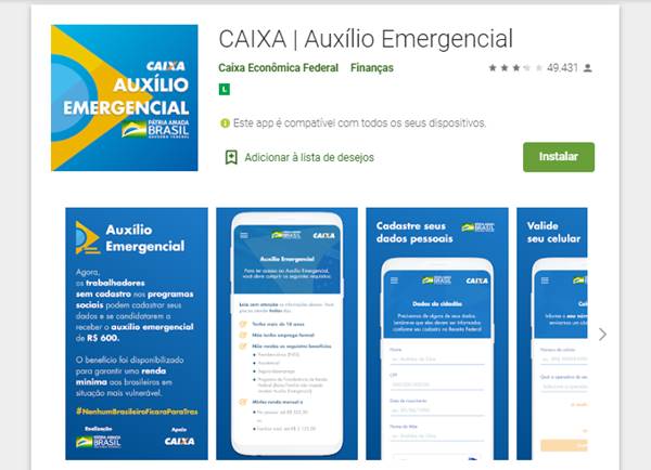 Visual do aplicativo oficial do Auxílio Emergencial do governo federal