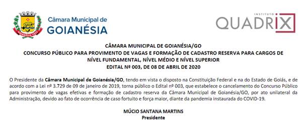 Cancelamento do concurso da Câmara Municipal de Goianésia