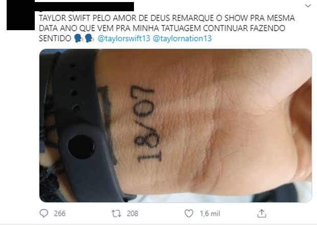 Fã pede que Taylor Swift remarque show para mesma data, para não perder tatuagem