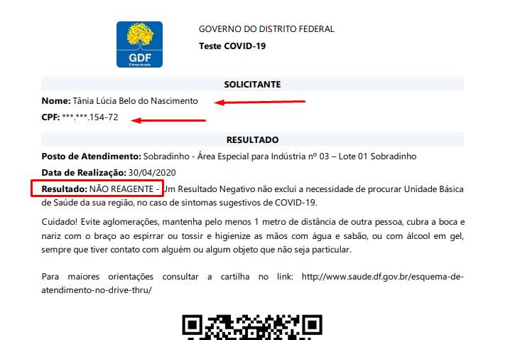 Servidora recebe resultado do GDF sem ter realizado teste para coronavírus