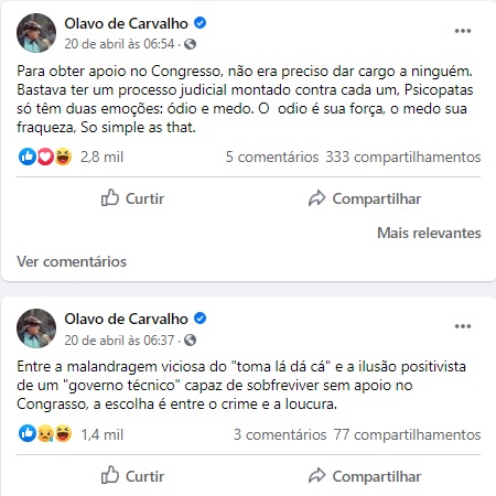 Print da página de Olavo de Carvalho no Facebook