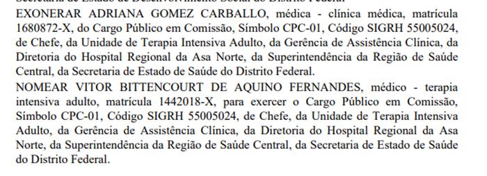 Mudança na chefia de UTI do Hospital Regional da Asa Norte