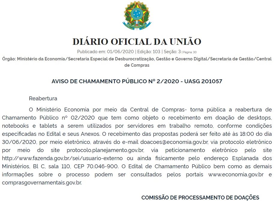 Ministério Economia abriu um chamamento público para receber doação de computadores, notebooks e tablets