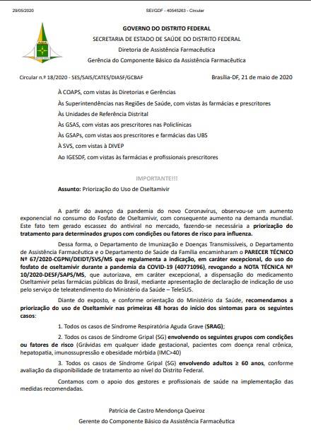 Ofício-circular da SES recomenda uso do medicamento nas primeiras 48 horas do início dos sintomas