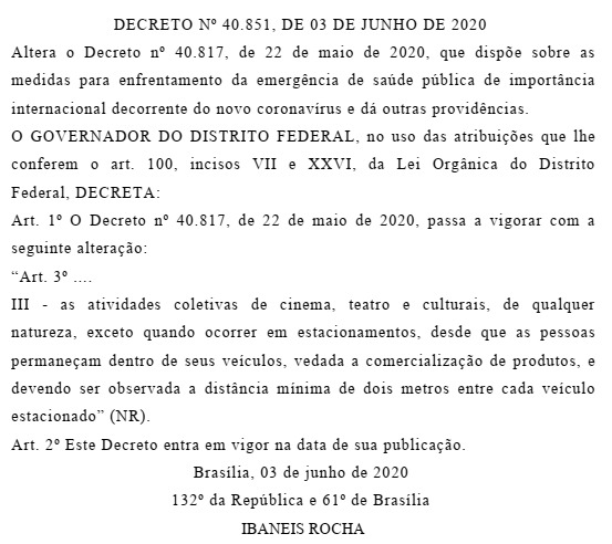 Reprodução DODF_GDF libera retomada de teatros e eventos culturais