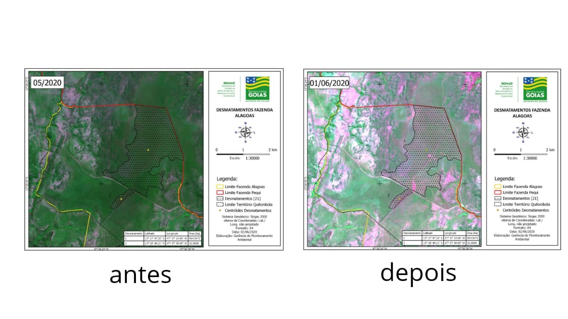 Mapa mostrando desmatamento em território Kalunga, na Chapada dos Veadeiros (GO)