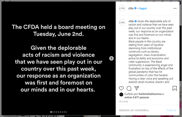Comunicado do CFDA com iniciativas contra o racismo estrutural na indústria da moda