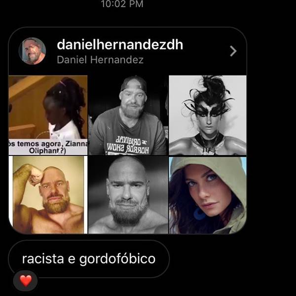 Mensagem sobre Daniel Hernandez compartilhada com o perfil Moda Racista