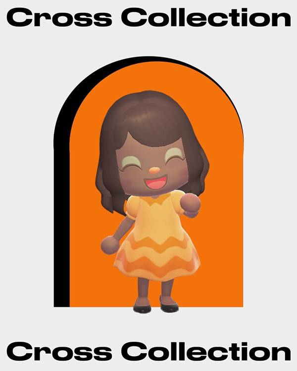 Personagem do jogo Animal Crossing com vestido amarelo e detalhes alaranjados