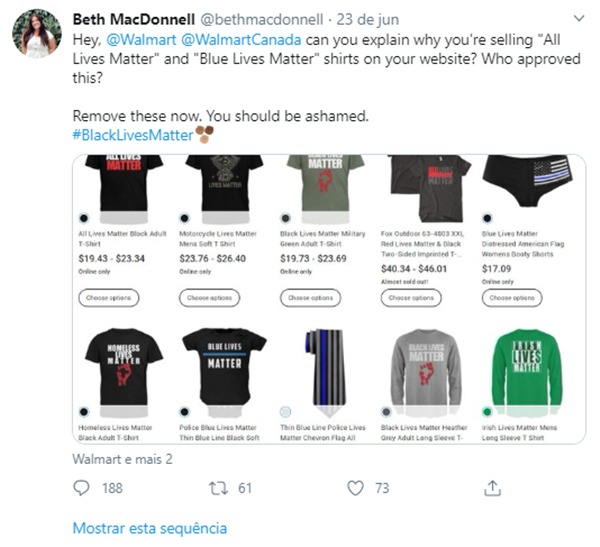 Internauta critica camisetas vendidas pela Walmart no Twitter