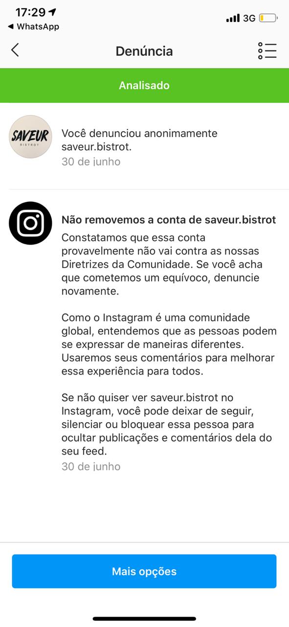 Resposta do Instagram ao Saveur Bistrô