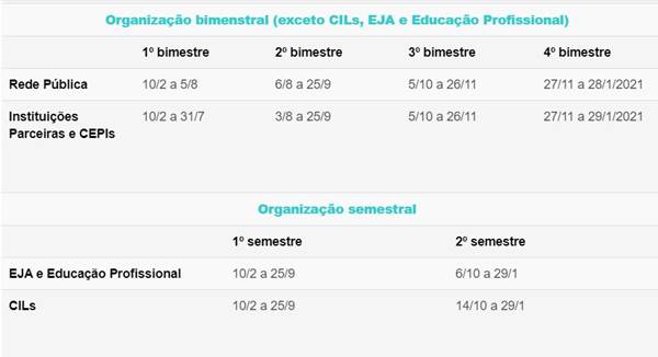 Calendário da rede pública de ensino do DF