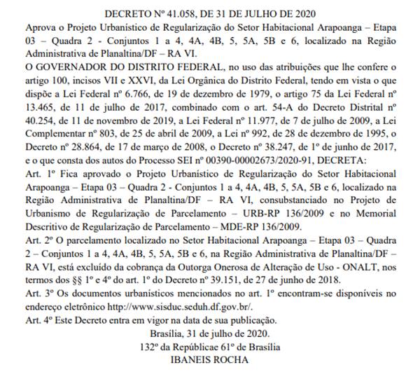 Texto de regularização de mais uma etapa do Arapoanga