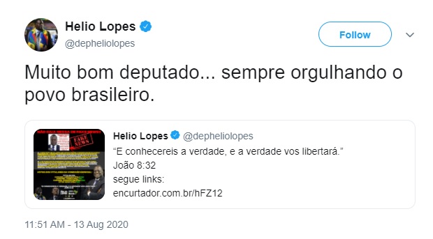 Deputado Hélio Negão faz elogio a si mesmo no Twitter