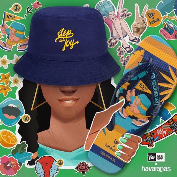 Arte com havaianas estampada e bucket hat