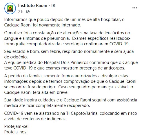 cacique Raoni está com Covid-19