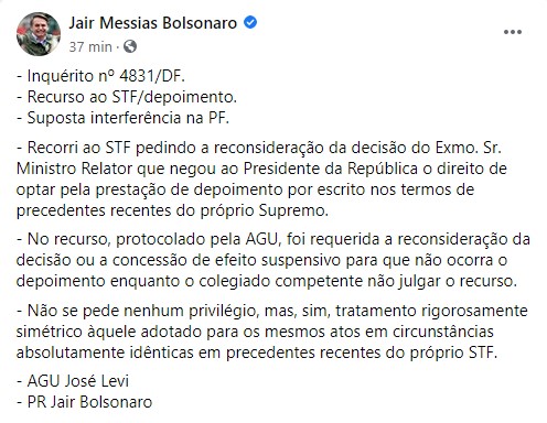 Bolsonaro explica por que recorreu ao STF