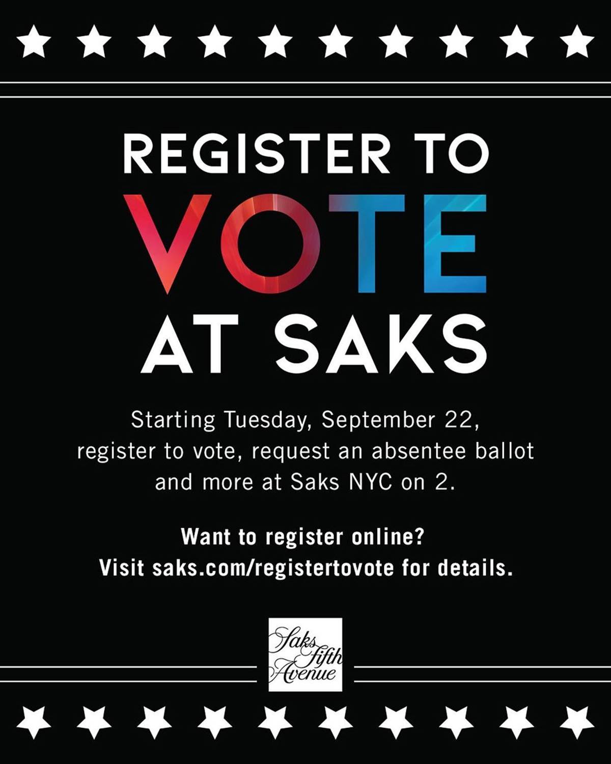 Imagem da Saks Fifth Avenue chamando para registro do voto