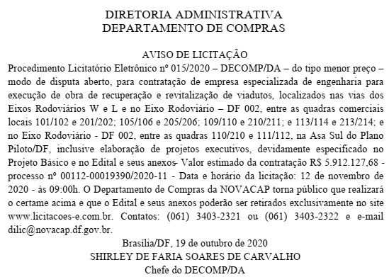 DODF aviso de licitação tesourinhas