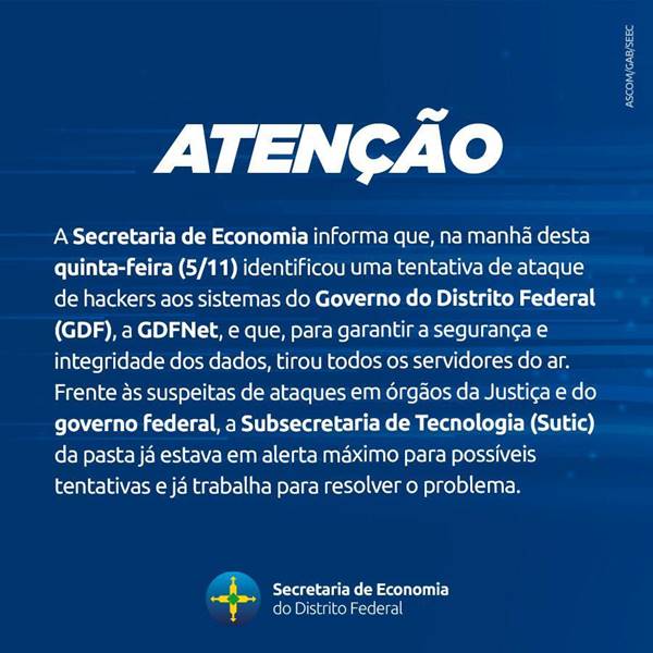 Sistemas do GDF são alvos de tentativa de ataque de hackers