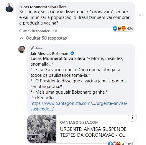 Bolsonaro diz que ganhou do Doria