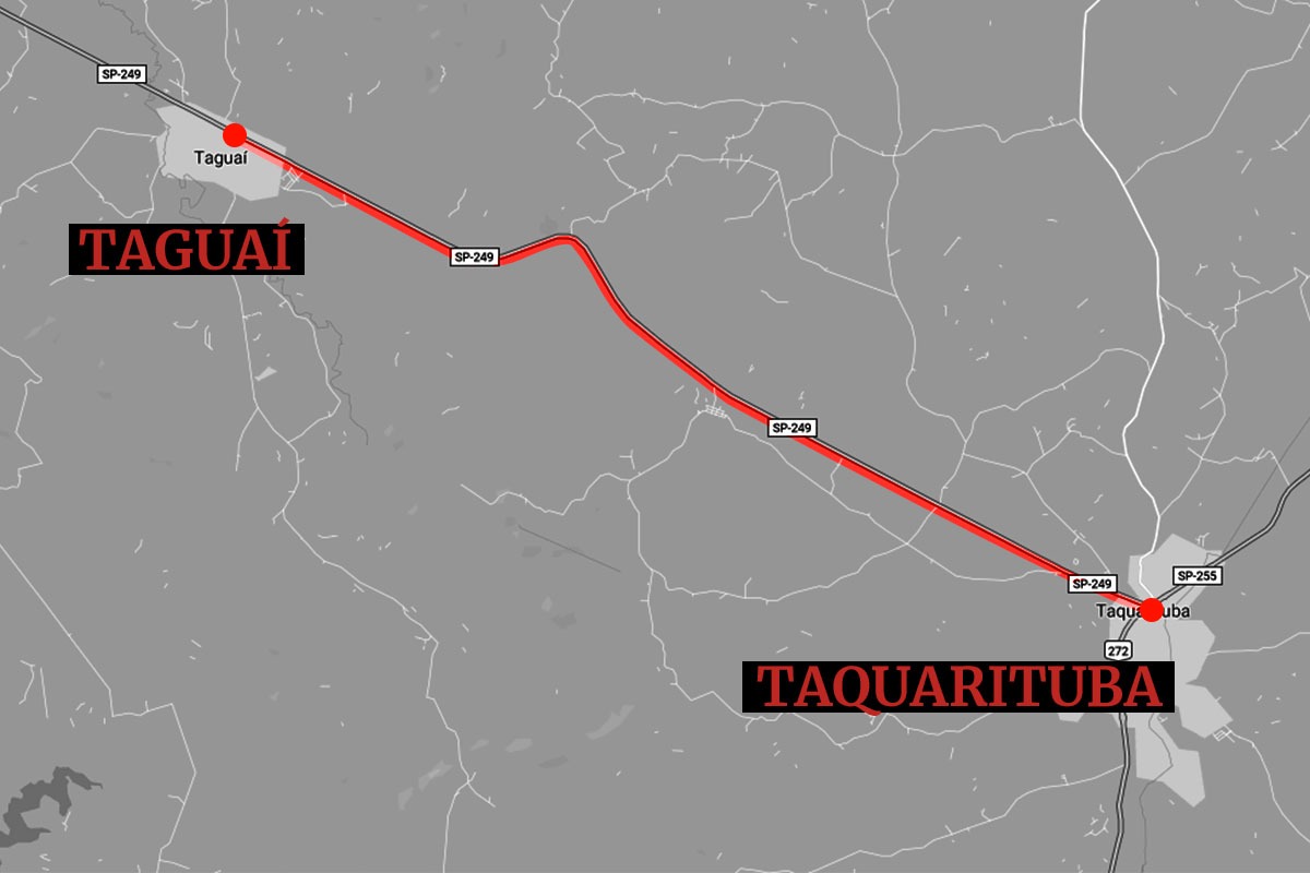 Mapa da região do acidente entre caminhão e ônibus no interior de São Paulo