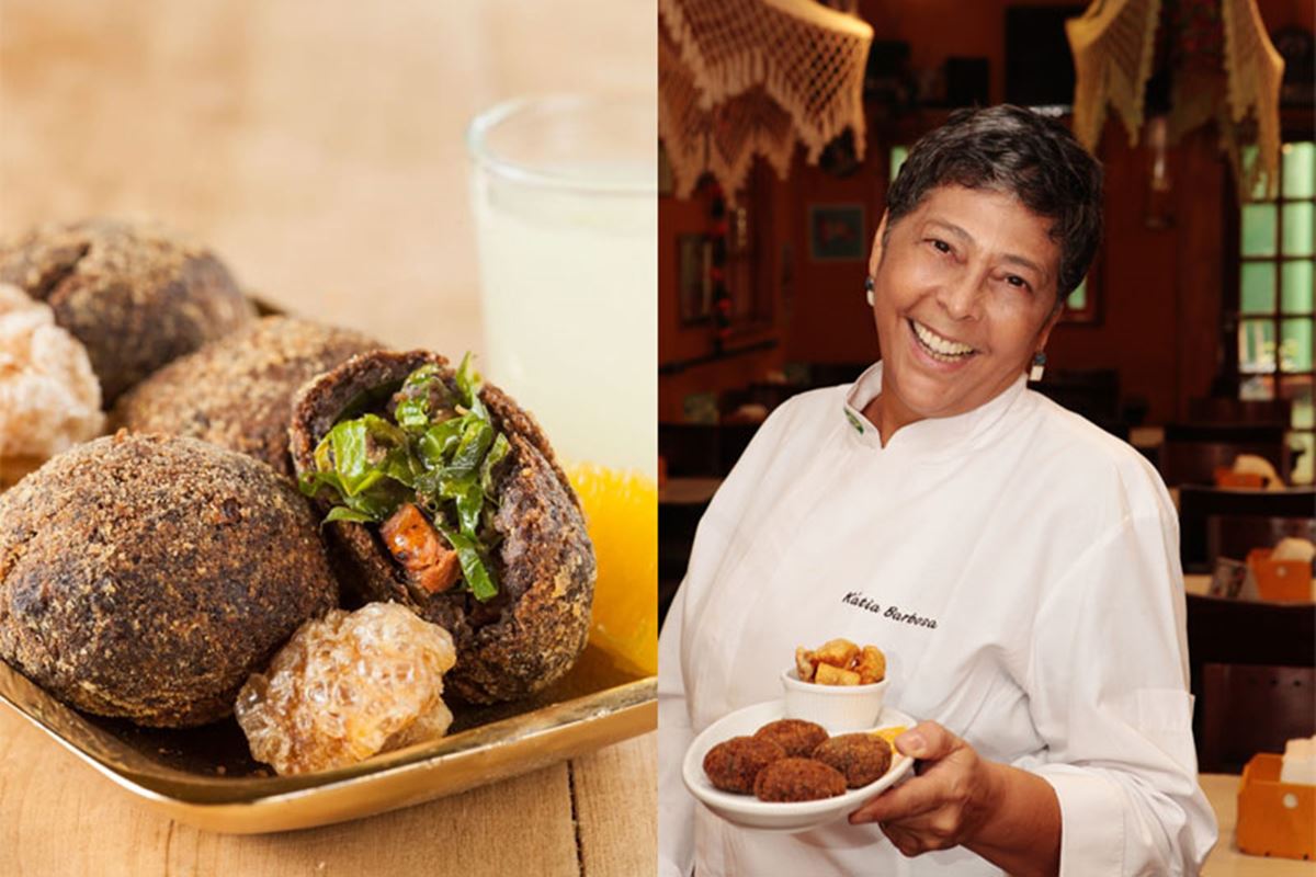 Bolinho de feijoada e mulher sorrindo e segurando prato de bolinhos