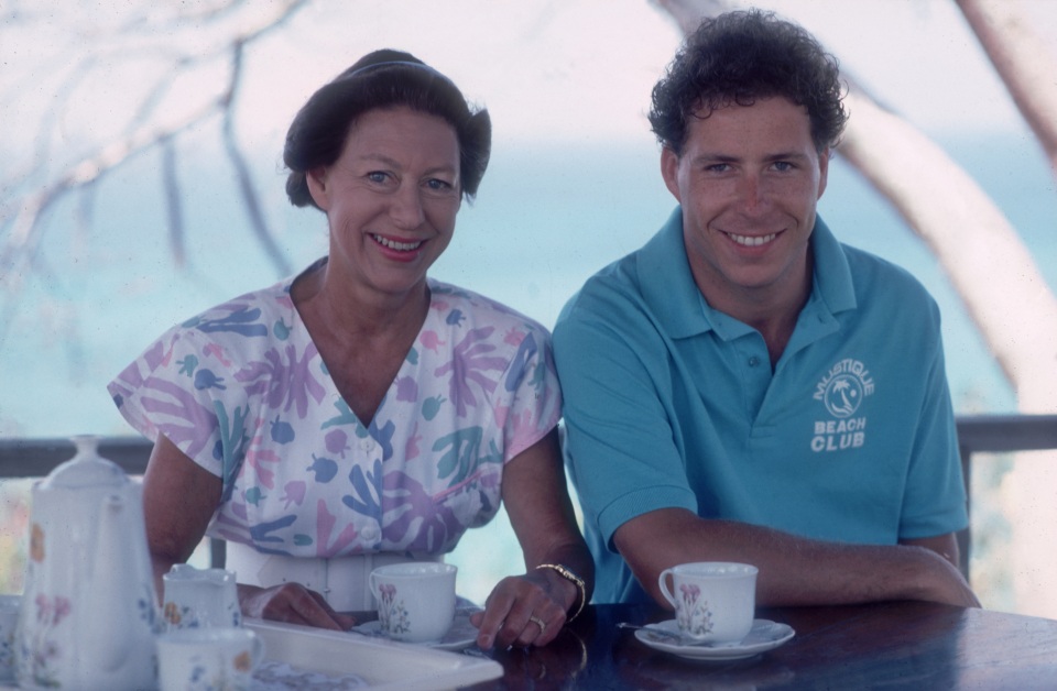 February 1989: Princess Margaret (1930 - 2002) with her son David Linley on the island of Mustique in the Grenadines. (Photo by Slim Aarons/Getty Images